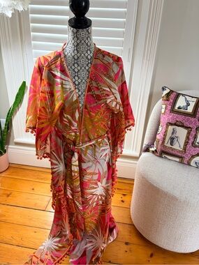 Tropical Pink & Orange Floral Beach Kimono Coverup
